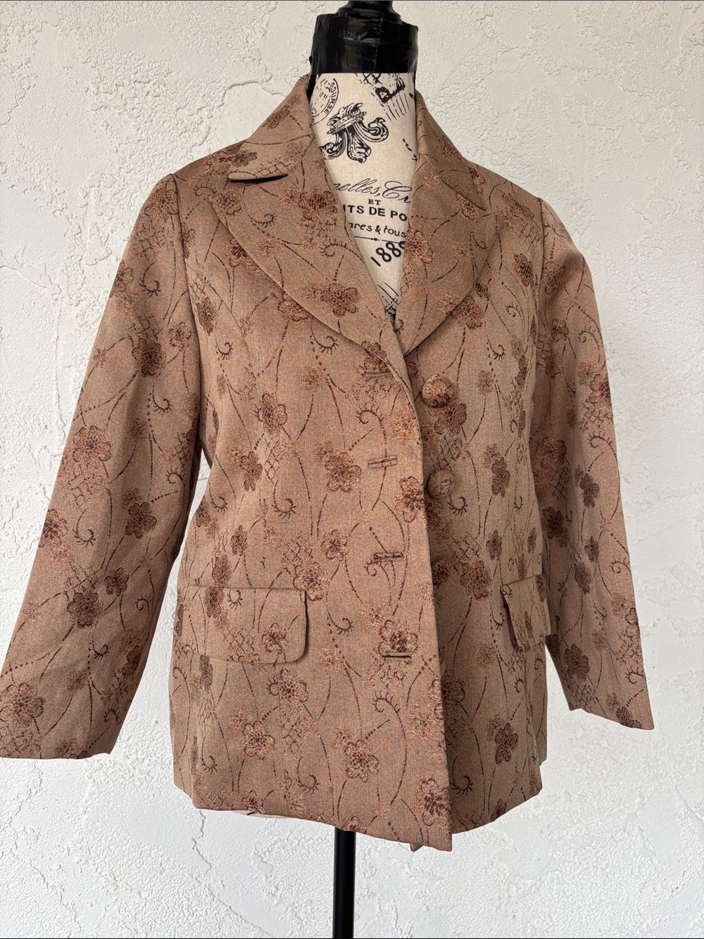 Vintage Floral Jacquard Blazer Jacket - Taupe & Brown